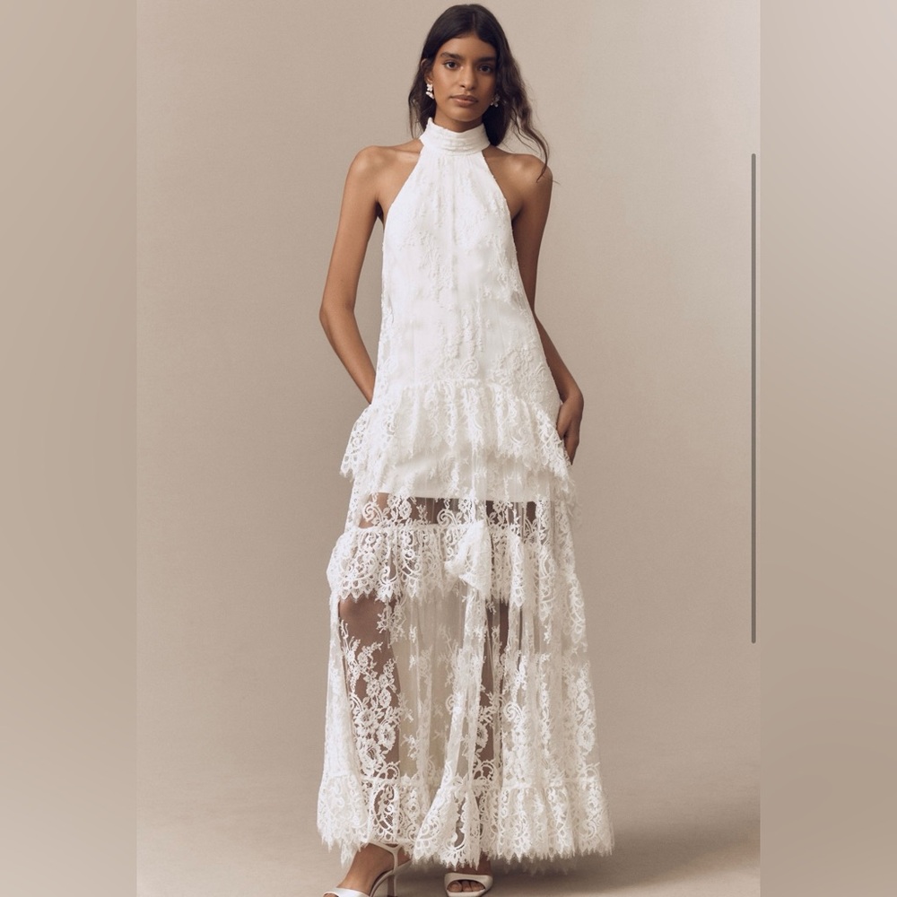 BHLDN White Lace Halter Ruffle Peekaboo Maxi Dress
